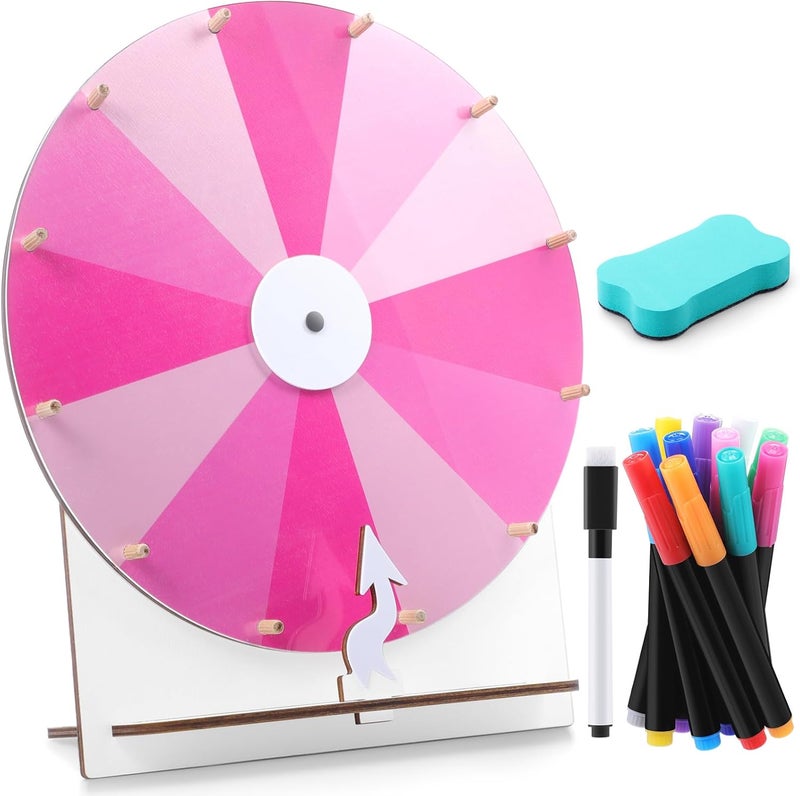 Memorywuu 11.4 Inch Spinning Wheel Erasable Raffle Spin The Wheel Game with Stand and Arrow Wooden Prize Tabletop Spinner Raffle Roulette for Wedding Family Bridal Party Baby Shower Games(Pink) - Image 1